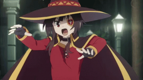 Megumin stepping back and donig her chunybo move.